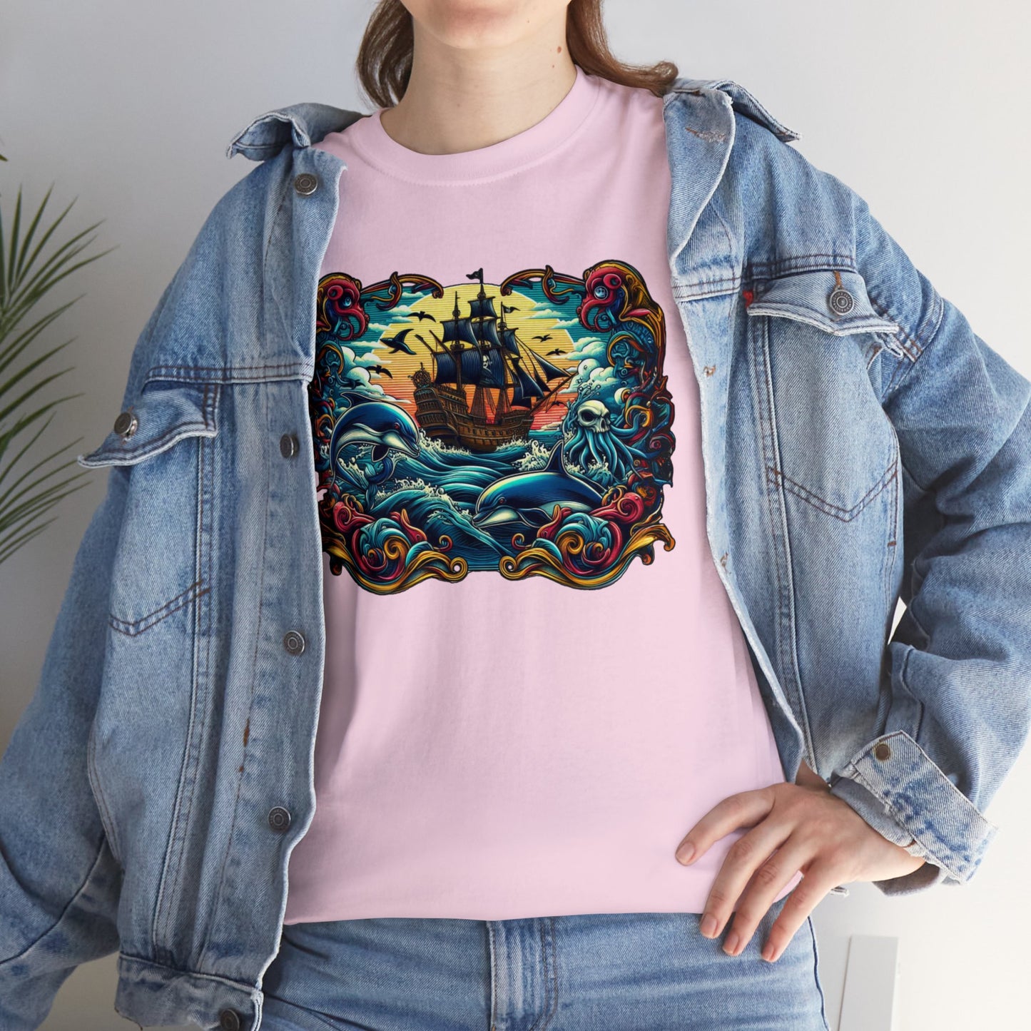 Pirate X Dolphin Nautical Unisex Heavy Cotton Tee