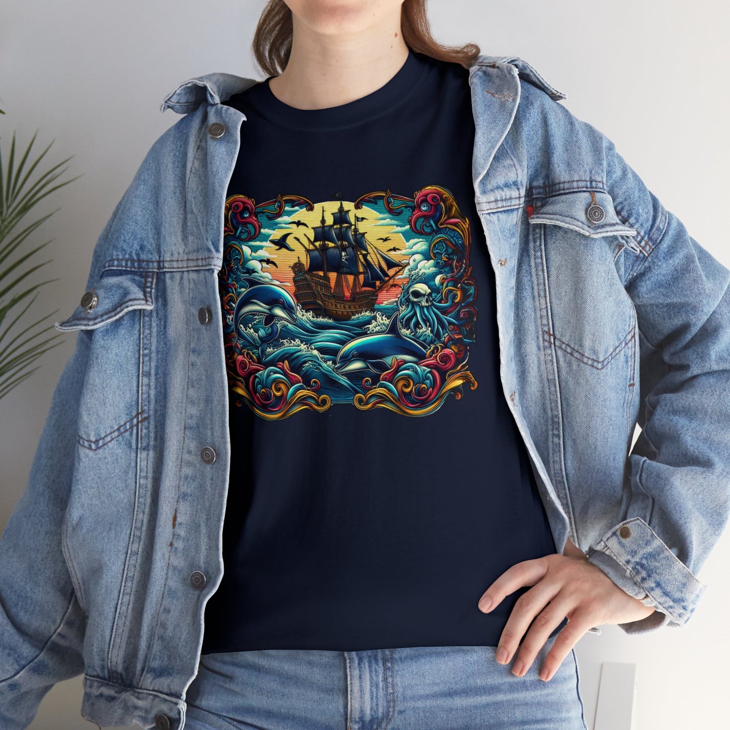 Pirate X Dolphin Nautical Unisex Heavy Cotton Tee